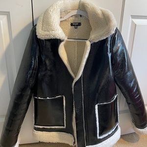 Tall Black Vinyl Faux Fur Aviator Jacket Size 6